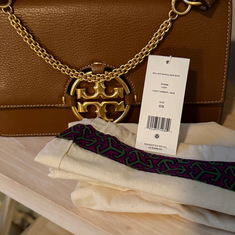 Tory Burch Miller Shoulder Bag Light Umber Brown Gold Logo Like New w/ Tag - Picture 9 of 9